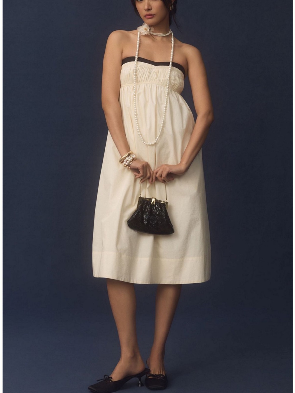 Maeve Strapless Cream Midi Dress with Black Trim